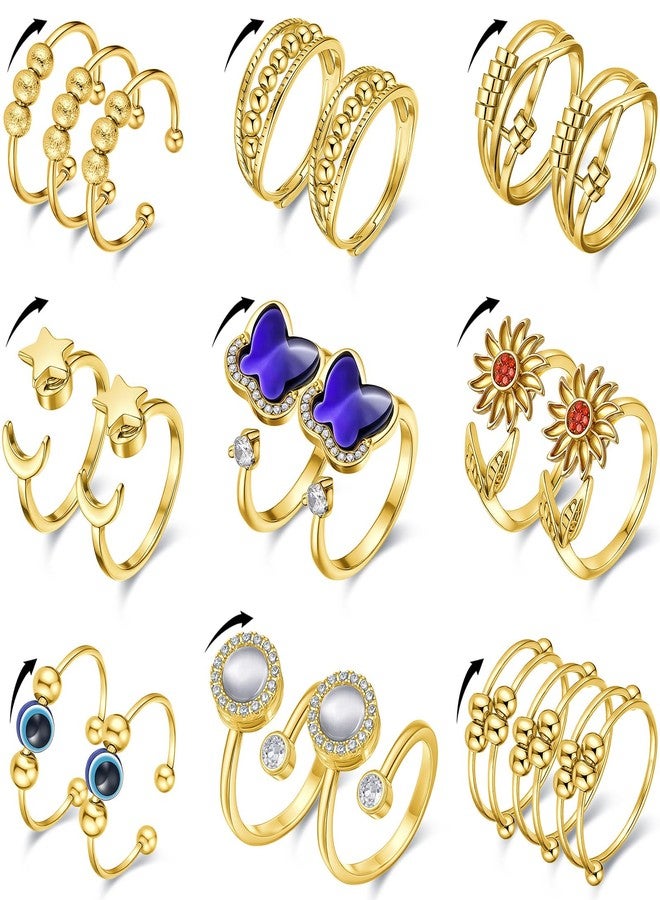 Highergo 20 Pcs Fidget Anxiety Rings for Women Alloy Open Adjustable Fidget Spinner Ring Rotatable Bead Rings for Adults Anxiety Relieving Stress (Gold) - Image 1